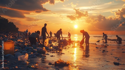 Volunteers cleaning beach sunset pollution cleanup