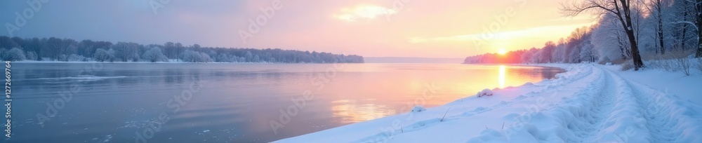 Fototapeta premium Frosty weather on the shores of a frozen Lake Ontario with a snowbank, lake ontario, calm lake