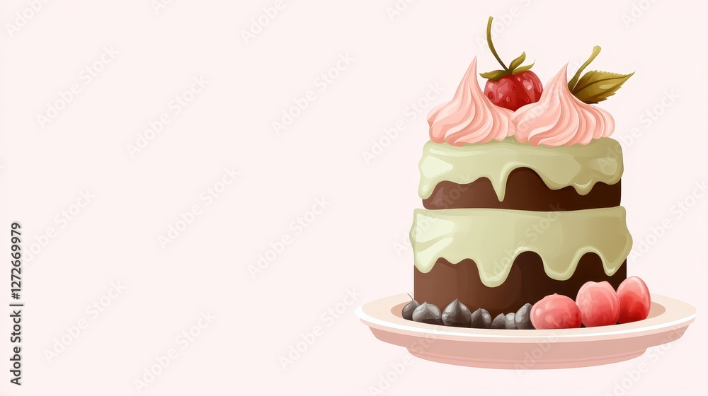 Birthday celebration with a green cream cake festive setting flat illustration minimalist design Birthday celebration with a green cream cake festive setting flat illustration minimalist design