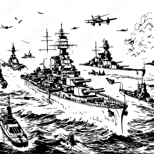 World War II Naval Battle Illustration – Warships and Fighter Planes