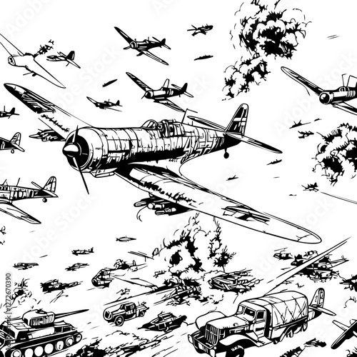 World War II Naval Battle Illustration – Warships and Fighter Planes
