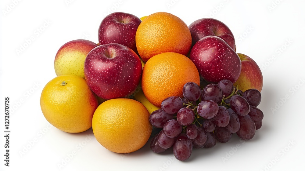 A vibrant assortment of fresh fruits including apples, oranges, and grapes on a white background