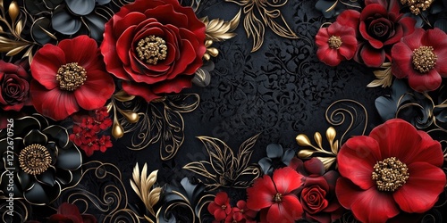 3D wallpaper with red and black flowers, lace patterns, and golden accents