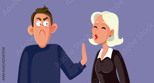 Man Refusing a Kiss from a Seductive Lady Vector Illustration. Married guy rejected unwanted advances from former girlfriend 
