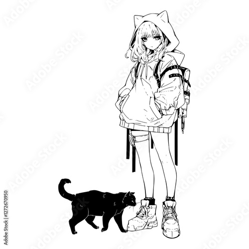a black and white hand drawn of a cute anime girl in hoodie with black cat companion