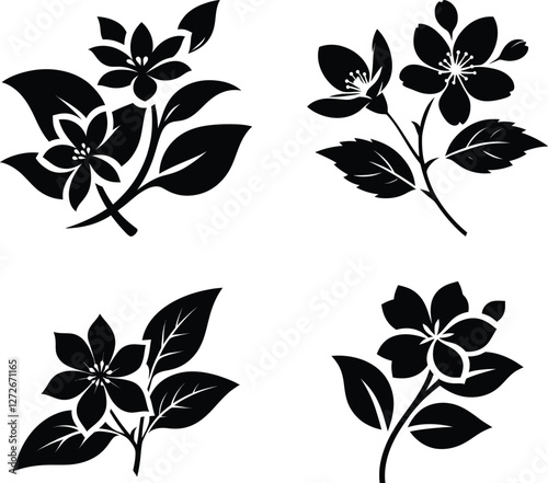 A set of black and white jasmine flower silhouette designs, Jasmine logo design, flower logo and icons bundle