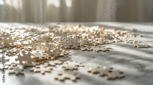 Dementia risk represented by a scattered puzzle on a table. Featuring soft light and neutral tones