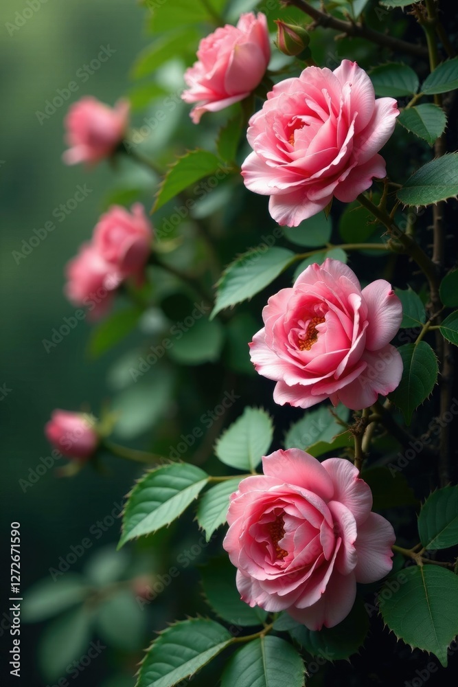 clusters of pink roses with thorny stems on a tangled, overgrown vine, growth, botanicals, flowers clusters of pink roses with thorny stems on a tangled, overgrown vine, growth, botanicals, flowers