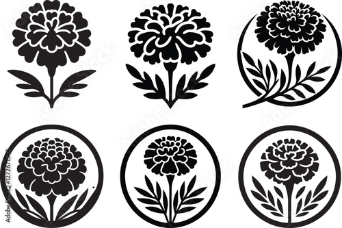 A set of black and white marigold flower silhouette designs, marigold logo design, circle logo, flower logo and icons bundle
