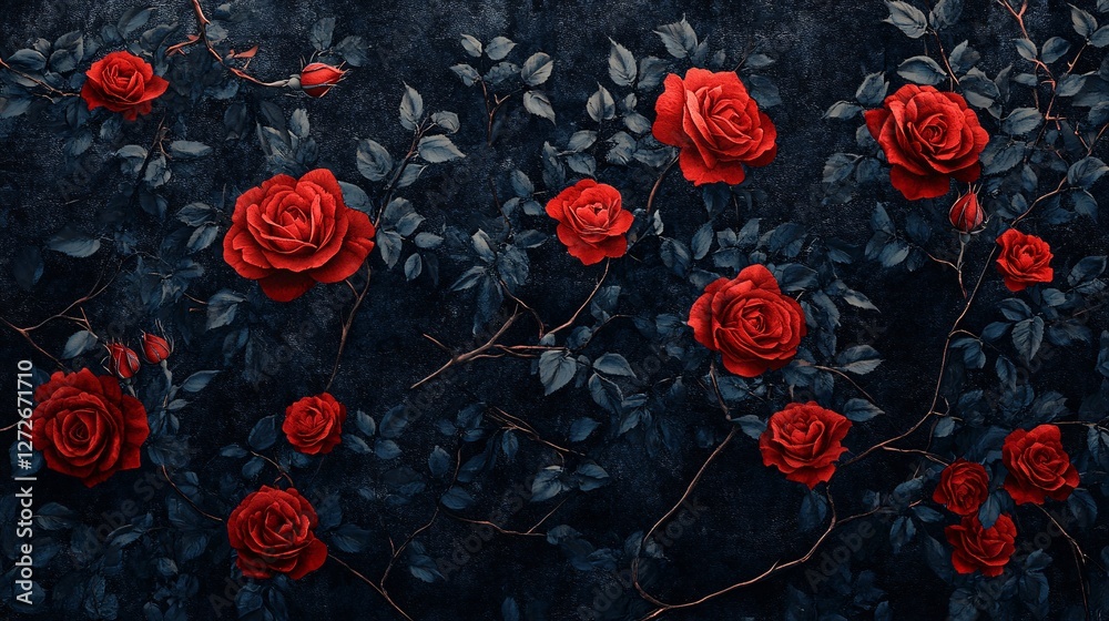 Dark Red Roses Blooming on a Deep Teal Vine Dark Red Roses Blooming on a Deep Teal Vine