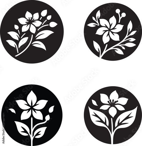 A set of black and white jasmine flower silhouette designs, Jasmine logo design, circle logo, flower logo and icons bundle