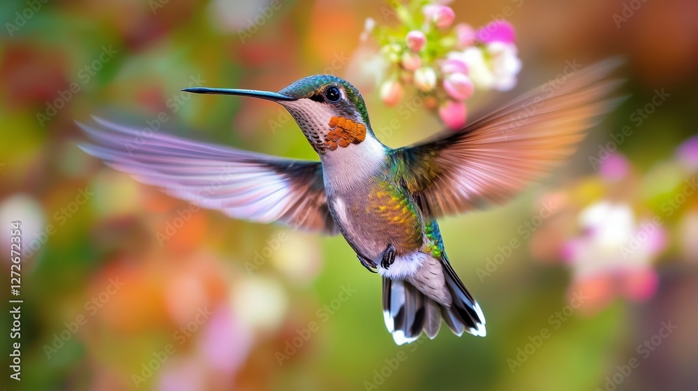 Fototapeta premium Close-Up of Hummingbird Wings in Motion Amid Vibrant Blossoms