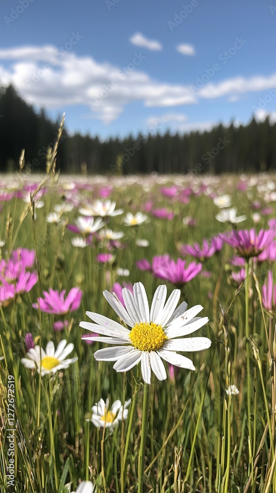 A vibrant meadow filled with daisies and pink flowers under a clear blue sky