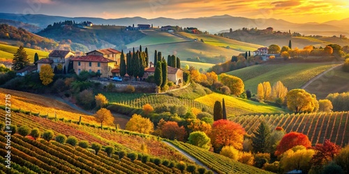 Tuscan Autumn Landscape: Rolling Hills, Vineyards & Stone Houses