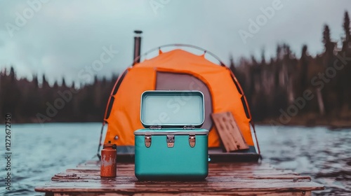 A vibrant orange tent by a serene lake, with a teal cooler on a wooden dock