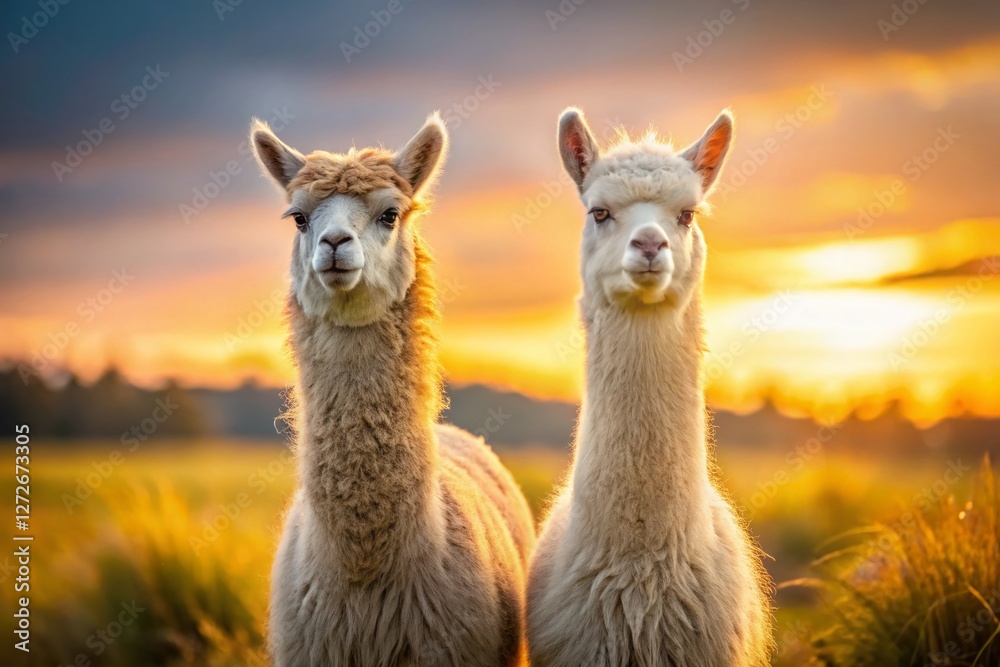 Fototapeta premium Two Alpacas in Minimalist Landscape - Peaceful Andean Animals