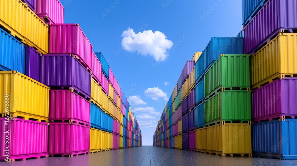 Fototapeta premium Brightly colored shipping containers stacked high in a cargo terminal under a clear blue sky.
