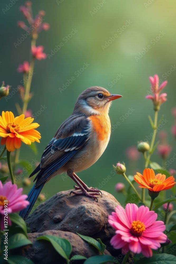 Fototapeta premium Floral bird perched amidst blooming wildflowers , field, outdoor