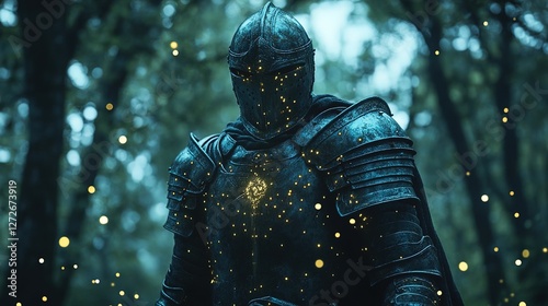 A fantasy knight in glowing armor standing in an enchanted forest 