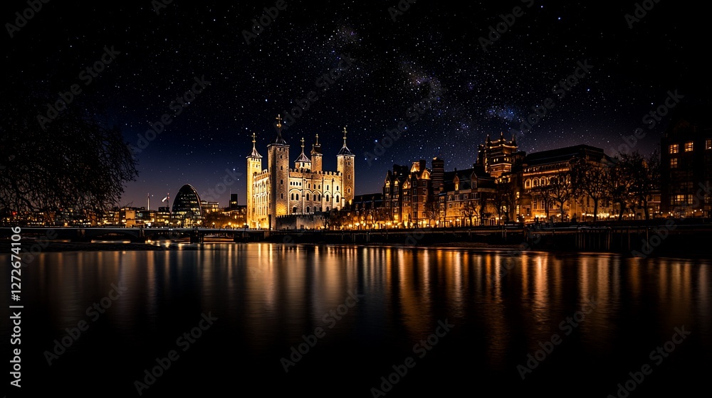 Fototapeta premium Night view of Tower Bridge and Thames River under starry sky.