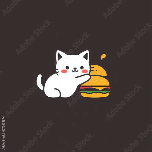 Cute white cat mascot with delicious burger for fast food logo photo