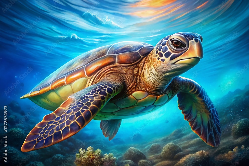 Obraz premium Underwater Turtle Portrait: Graceful Sea Turtle Swimming in Ocean