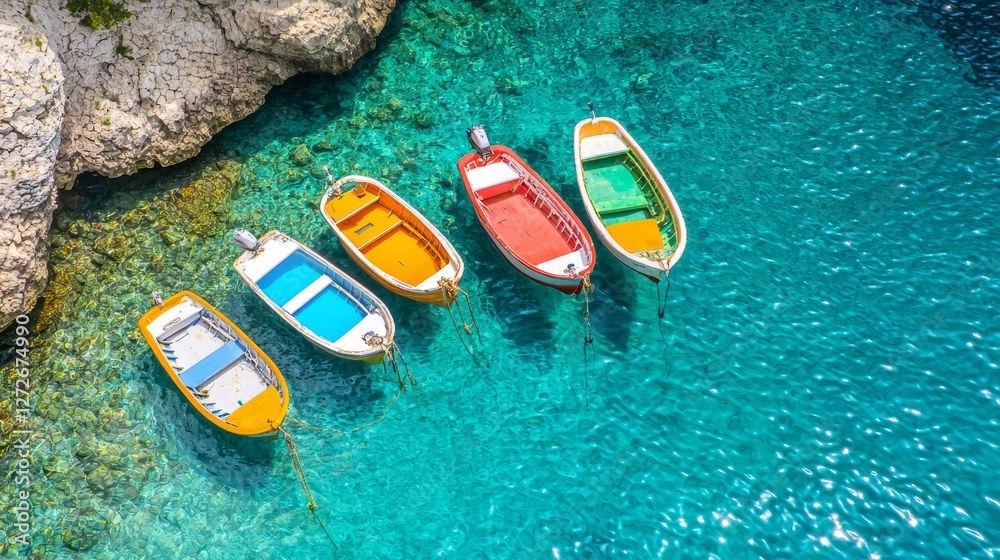 Naklejka premium Aerial view of colorful boats anchored in crystal clear turquoise water