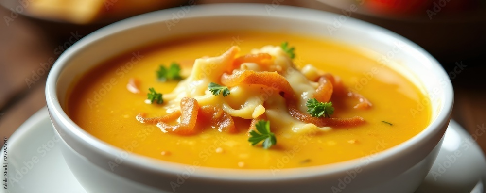 Golden soup with caramelized onions and melted cheese in a white bowl, comforting, warm, toasty Golden soup with caramelized onions and melted cheese in a white bowl, comforting, warm, toasty