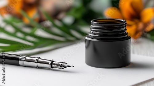 Luxury Black Ink Bottle With Silver Pen on White Paper and Floral Background
