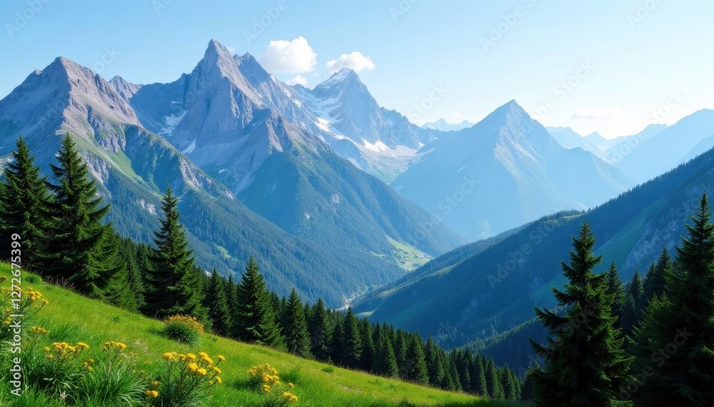 Fototapeta premium Majestic mountain range, evergreen trees, scenic vista, peaks, majestic, mountain