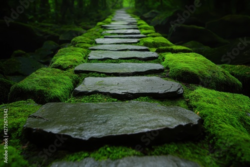 Moss-covered stone amidst a lush forest path