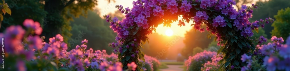 Purple flower archway at sunrise, tranquil garden , wedding, tranquil, nature Purple flower archway at sunrise, tranquil garden , wedding, tranquil, nature