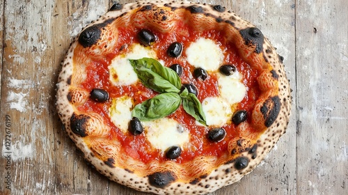 Authentic Neapolitan pizza topped with mozzarella, olives, and basil on rustic wood
