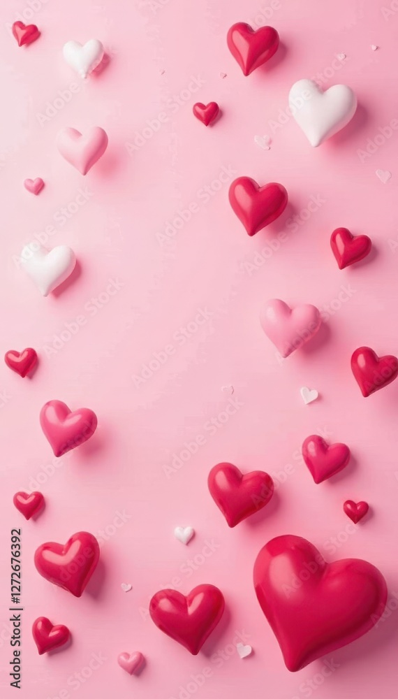 Scattered hearts, various sizes and shades of red, pink and white on a pastel pink background , Valentine's Day, illustration Scattered hearts, various sizes and shades of red, pink and white on a pastel pink background , Valentine's Day, illustration