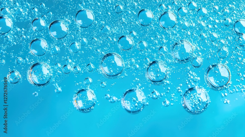 Clear Water Bubbles Floating on Blue Background Under Soft Lighting Clear Water Bubbles Floating on Blue Background Under Soft Lighting