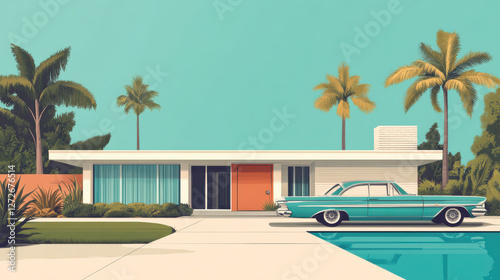 classic mid century modern house with vintage car parked outside, surrounded by palm trees