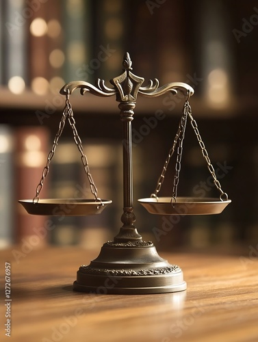 Antique Bronze Scales of Justice on Wooden Table Surrounded by Books : Generative AI