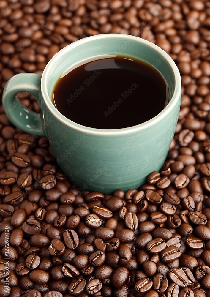 Coffee cup with black liquid on beans background. Morning caffeine ritual Coffee cup with black liquid on beans background. Morning caffeine ritual
