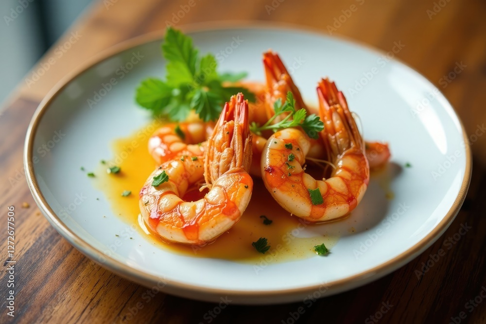 Grilled prawns served on a minimalist plate with an empty space garnish, plate, simple, dinner Grilled prawns served on a minimalist plate with an empty space garnish, plate, simple, dinner
