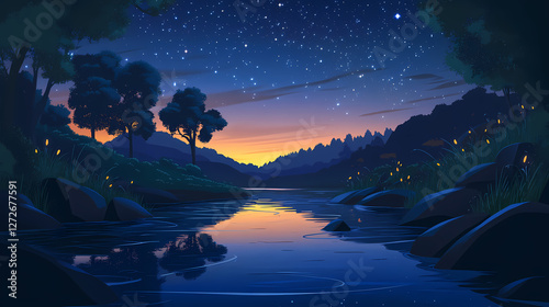 Magical starlit river reflecting celestial wonders at dusk. Enchanted Starlit River. Illustration
