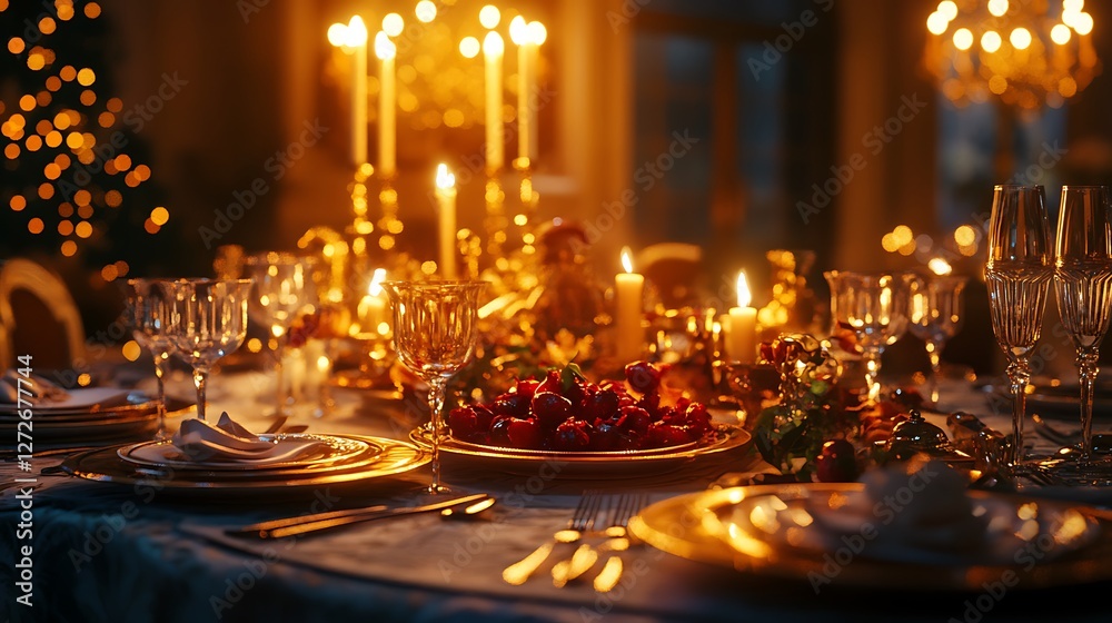 An elegant fine dining candlelit dinner, a luxurious table with polished silverware, soft classical music playing, golden candlelight illuminating gourmet dishes, guests elegantly dressed,