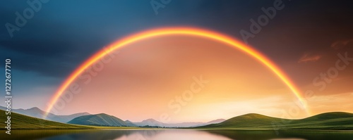 A vibrant rainbow arches across the mountainous landscape, reflecting its beautiful colors in the river below