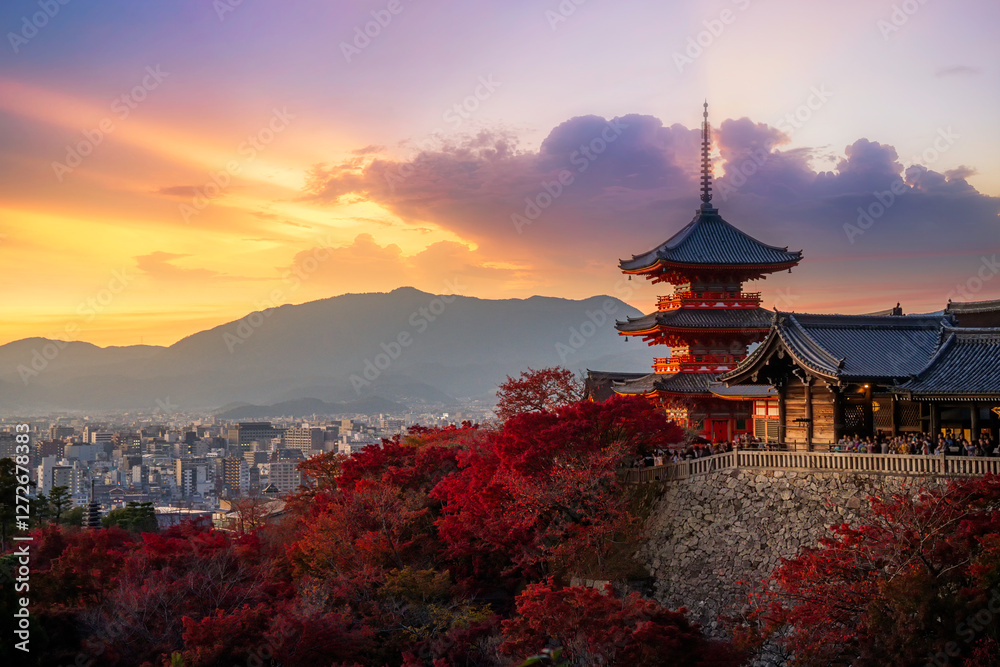 sunset at Kiyomizu Dera Pagoda Temple with red maple leaves or fall foliage in autumn season. Colorful trees, Kyoto, Japan sunset at Kiyomizu Dera Pagoda Temple with red maple leaves or fall foliage in autumn season. Colorful trees, Kyoto, Japan