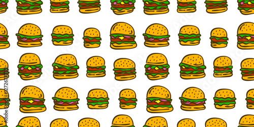 doodle burger pattern background. doodle fast food burger seamless pattern background. Seamless Pattern of a Cheese Burger or Hamburger. hamburger pattern.