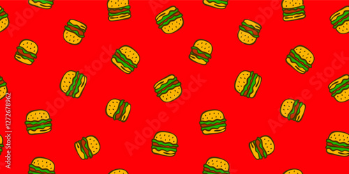 doodle burger pattern background. doodle fast food burger seamless pattern background. Seamless Pattern of a Cheese Burger or Hamburger. hamburger pattern.