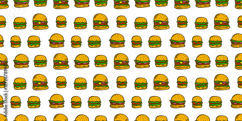 doodle burger pattern background. doodle fast food burger seamless pattern background. Seamless Pattern of a Cheese Burger or Hamburger. hamburger pattern.