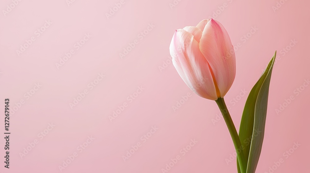 Fototapeta premium A single tulip with delicate petals, standing gracefully on a light pink background.