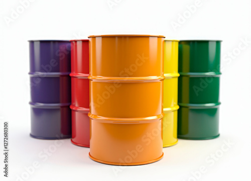 Colored metal oil barrels on white background
