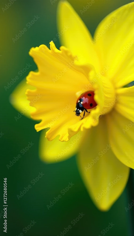 Ladybug peeking from between the petals of a daffodil, bug, flower Ladybug peeking from between the petals of a daffodil, bug, flower