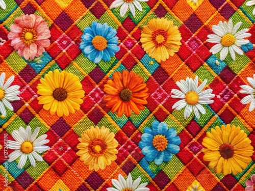 Vibrant Argyle Daisy Poppy Marigold Pattern Fabric Close-up